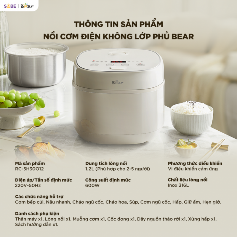 [SALE 20/10] Nồi cơm điện Bear 1.2L RC-5H30O12